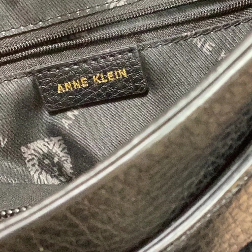 Anne Klein Elegant Pebbled Black Vegan Leather‎ Handbag With Floral Accent Scarf